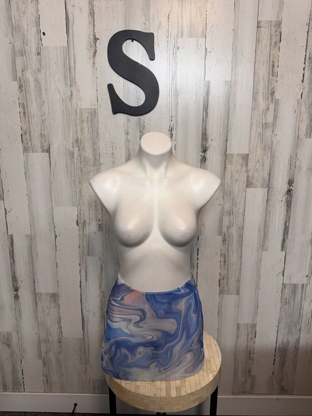 SHEIN Blue Marble Mesh Mini Skirt Womens S Abstract Y2K Sheer Swim Cover Up